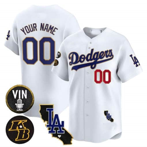 Custom Los Angeles Dodgers Vin Patch & Kobe Bryant Gold Trim Vapor Premier Limited Jersey V2 ¨C White MWATKINS