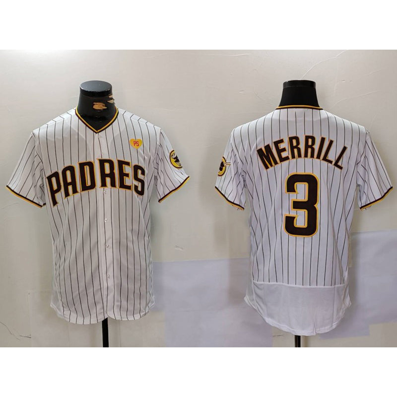 San Diego Padres #3 Jackson Merrill White MWATKINS With PS Patch Stitched Flex Base Jersey 2