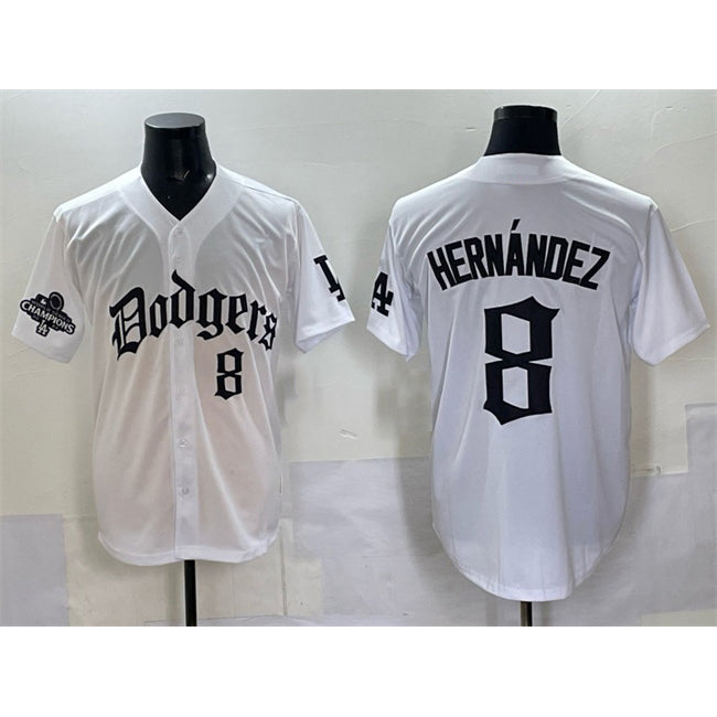 Los Angeles Dodgers #8 Enrique Hernandez White MWATKINS 2025 LA Gothic Style With 2024 World Series Champions Patch Vapor Premier Limited Stitched Jersey