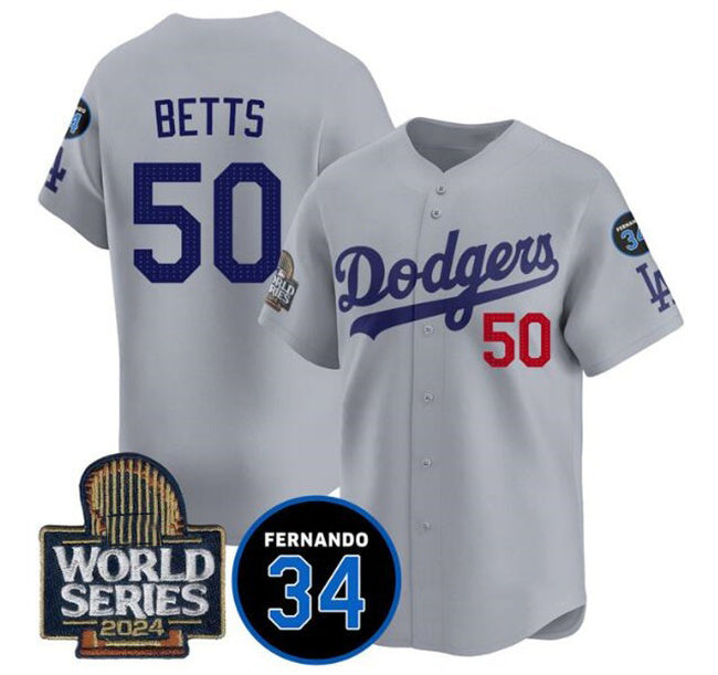 Los Angeles Dodgers #50 Mookie Betts Grey MWATKINS 2024 World Series With Fernando Memorial Patch Limited Stitched Jersey