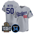 Los Angeles Dodgers #50 Mookie Betts Grey MWATKINS 2024 World Series With Fernando Memorial Patch Limited Stitched Jersey