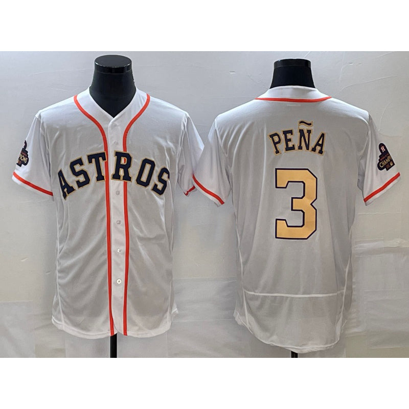 Houston Astros #3 Jeremy Pena 2023 White Gold MWATKINS World Serise Champions Patch Flex Base Stitched Jersey