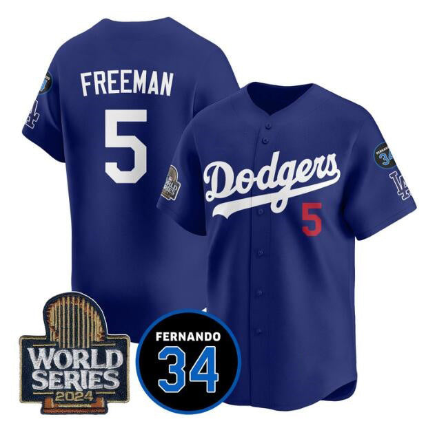 Los Angeles Dodgers #5 Freddie Freeman Royal MWATKINS 2024 World Series With Fernando Memorial Patch Limited Stitched Jersey