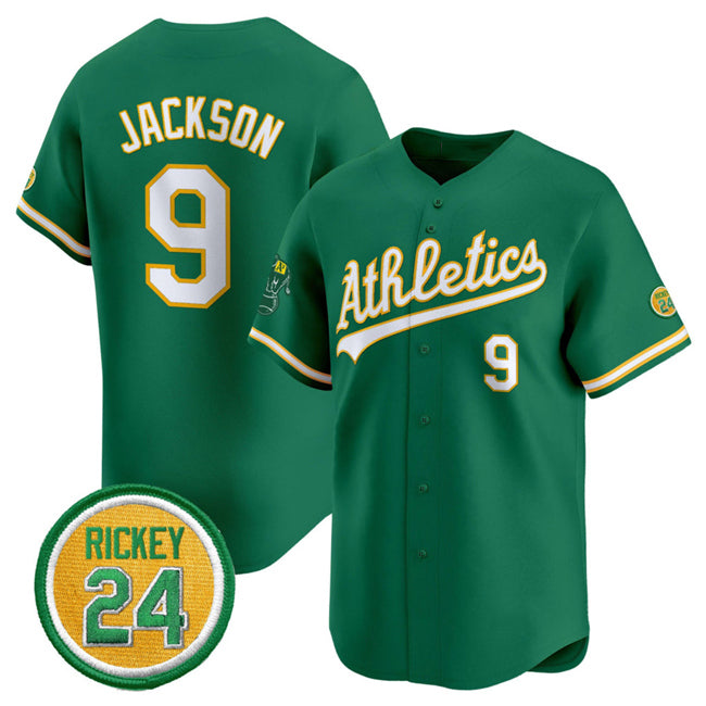 Oakland Athletics #9 Reggie Jackson Green MWATKINS 2024 Limited With Rickey Henderson Patch Stitched Jersey