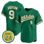 Oakland Athletics #9 Reggie Jackson Green MWATKINS 2024 Limited With Rickey Henderson Patch Stitched Jersey