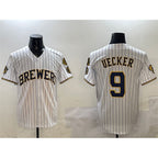 Milwaukee Brewers #9 Bob Uecker White MWATKINS With Home Patch Limited Stitched Jersey