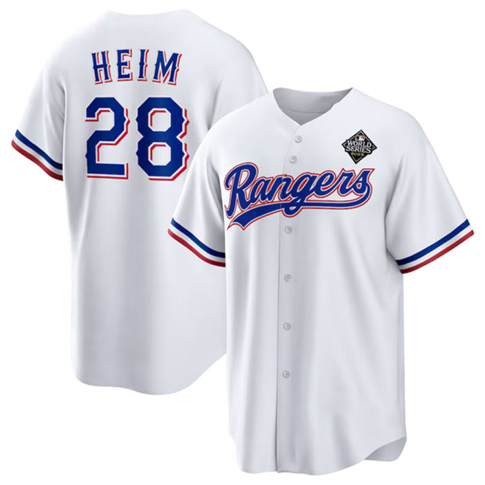 Texas Rangers #28 Jonah Heim 2023 White MWATKINS World Series Stitched Jersey