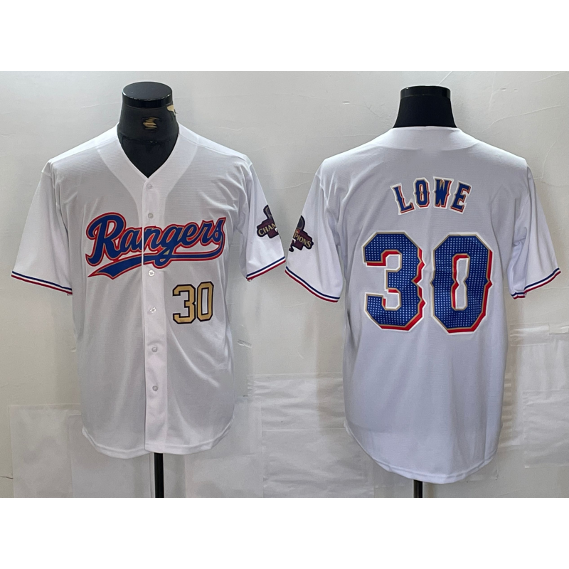 Texas Rangers #30 Nathaniel Lowe Number White MWATKINS 2024 Gold Collection Limited Cool Base Jersey 2