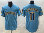 Milwaukee Brewers #11 Jackson Chourio Blue MWATKINS With Home & Bob Uecker Patch Stitched Jersey