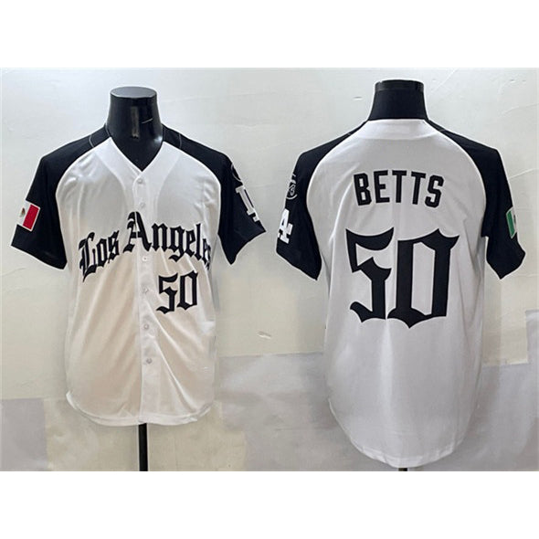 Los Angeles Dodgers #50 Mookie Betts White Black MWATKINS Mexico 2025 LA Gothic Style With Fernando Patch Vapor Premier Limited Stitched Jersey