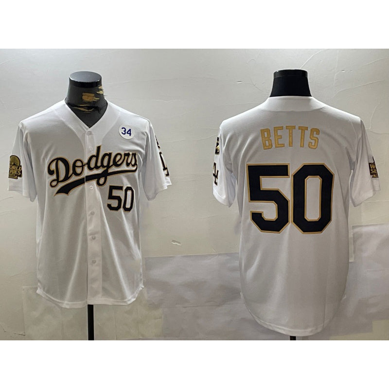 Los Angeles Dodgers #50 Mookie Betts White Gold MWATKINS 2024 World Series With Fernando Memorial Patch Limited Stitched Jersey2