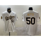 Los Angeles Dodgers #50 Mookie Betts White Gold MWATKINS 2024 World Series With Fernando Memorial Patch Limited Stitched Jersey2