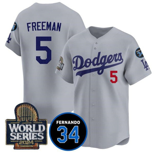 Los Angeles Dodgers #5 Freddie Freeman Grey MWATKINS 2024 World Series With Fernando Memorial Patch Limited Stitched Jersey