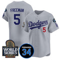 Los Angeles Dodgers #5 Freddie Freeman Grey MWATKINS 2024 World Series With Fernando Memorial Patch Limited Stitched Jersey