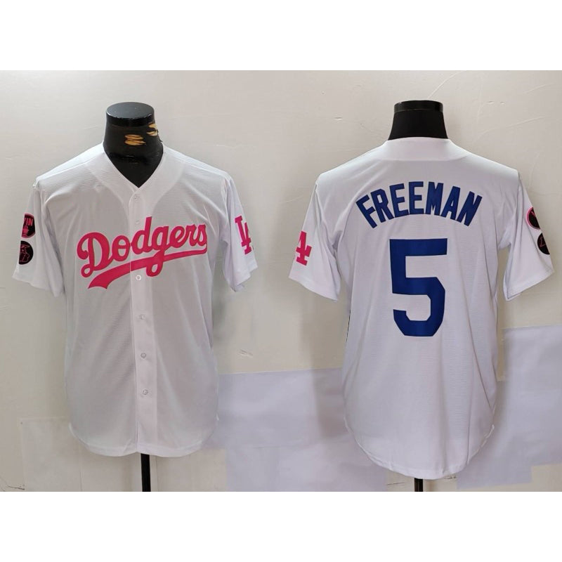 Los Angeles Dodgers #5 Freddie Freeman White Pink MWATKINS Vin & Kobe Patch Stitched Jersey 2