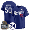 Los Angeles Dodgers #50 Mookie Betts Royal MWATKINS 2024 World Series With No. 34 Patch Cool Base Stitched Jersey