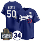 Los Angeles Dodgers #50 Mookie Betts Royal MWATKINS 2024 World Series With No. 34 Patch Cool Base Stitched Jersey