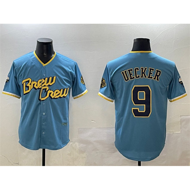 Milwaukee Brewers #9 Bob Uecker Powder Blue MWATKINS City Connect With Patch Cool Base Stitched Jersey