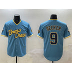 Milwaukee Brewers #9 Bob Uecker Powder Blue MWATKINS City Connect With Patch Cool Base Stitched Jersey
