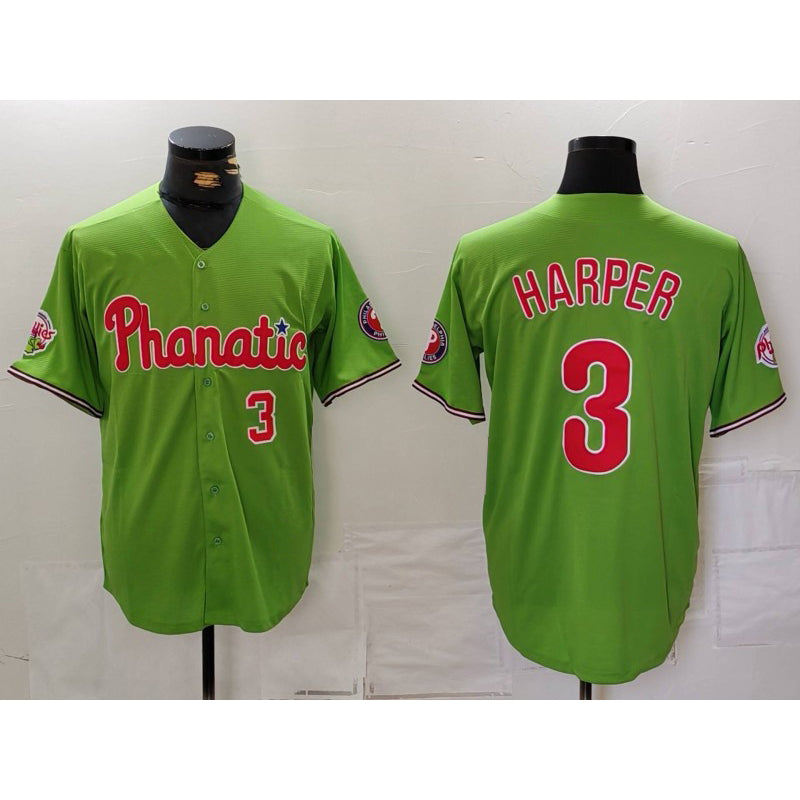 Philadelphia Phillies #3 Bryce Harper Number Green MWATKINS With Patch Stitched Cool Base Jersey