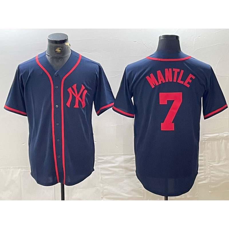 New York Yankees #7 Mickey Mantle Navy Red MWATKINS Fashion Cool Base Jersey
