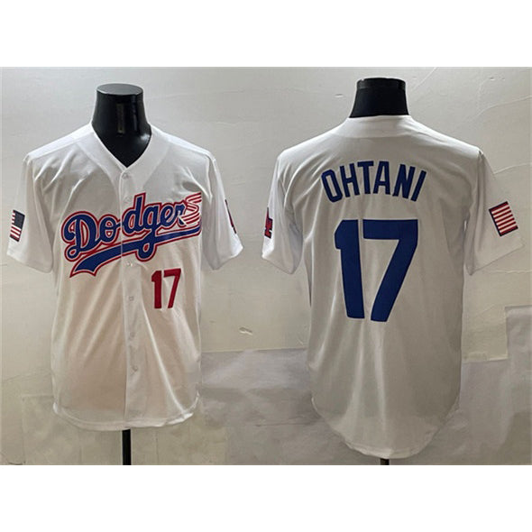Los Angeles Dodgers #17 Shohei Ohtani White MWATKINS With American Flag Patch Limited Stitched Jersey
