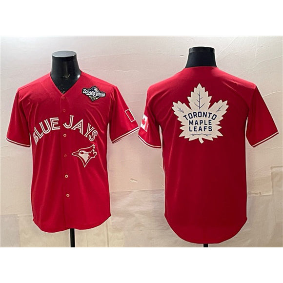 Toronto Blue Jays & Leafs Red MWATKINS 2025 World Series With White Leafs Logo Cool Base Stitched Jersey