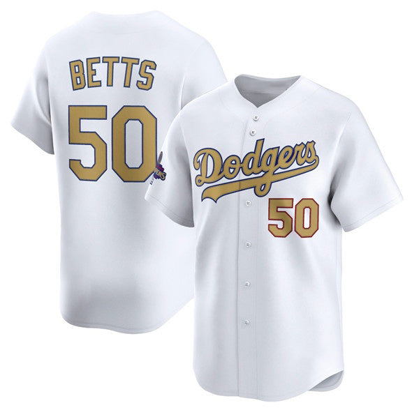 Los Angeles Dodgers #50 Mookie Betts White MWATKINS 2025 Gold Collection Limited Stitched Jersey