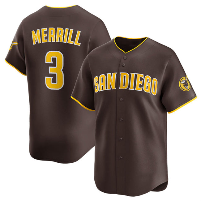 San Diego Padres #3 Jackson Merrill Brown MWATKINS 2024 Away Limited Stitched Jersey