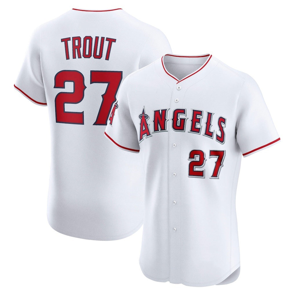 Los Angeles Angels #27 Mike Trout White MWATKINS Home Elite Player Jersey