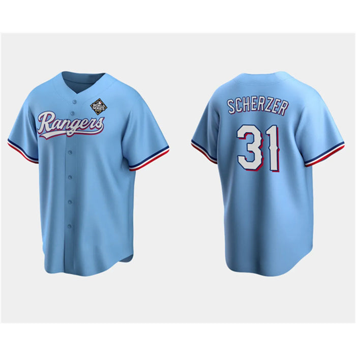 Texas Rangers #31 Max Scherzer Blue MWATKINS 2023 World Series Stitched Jersey