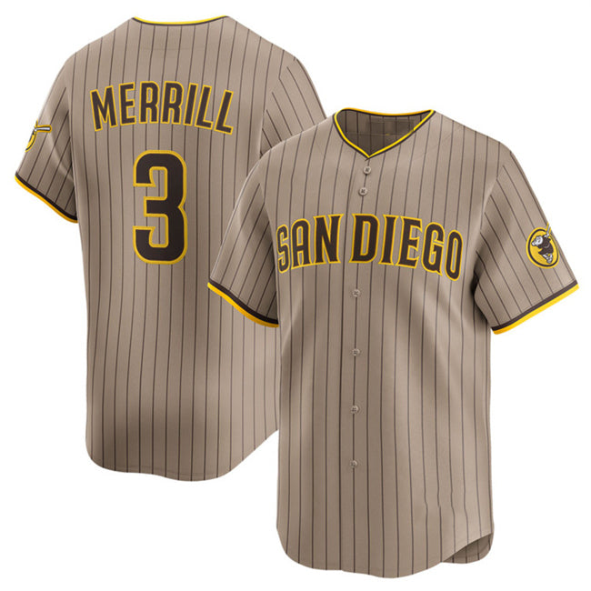 San Diego Padres #3 Jackson Merrill Tan MWATKINS 2024 Alternate Limited Stitched Jersey