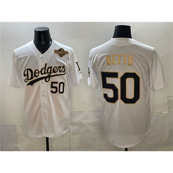 Los Angeles Dodgers #50 Mookie Betts White Gold MWATKINS 2025 World Series Patch Limited Stitched Jersey