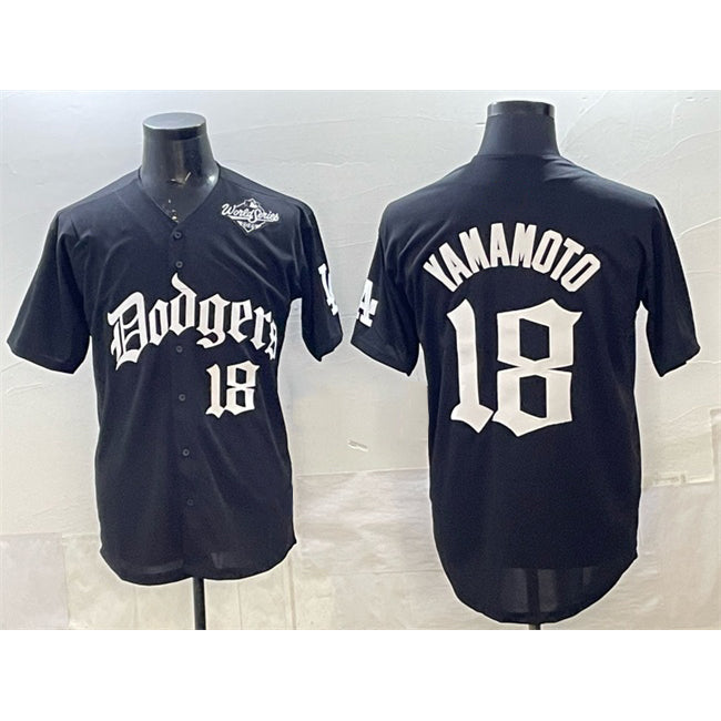 Los Angeles Dodgers #18 Yoshinobu Yamamoto Black MWATKINS 2025 LA Gothic Style With 2025 World Series Patch Vapor Premier Limited Stitched Jersey