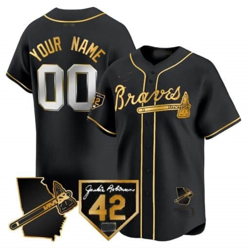 Custom Atlanta Braves 2024 Robinson & Georgia Patch Vapor Premier Limited Jersey ¨C Black Gold MWATKINS