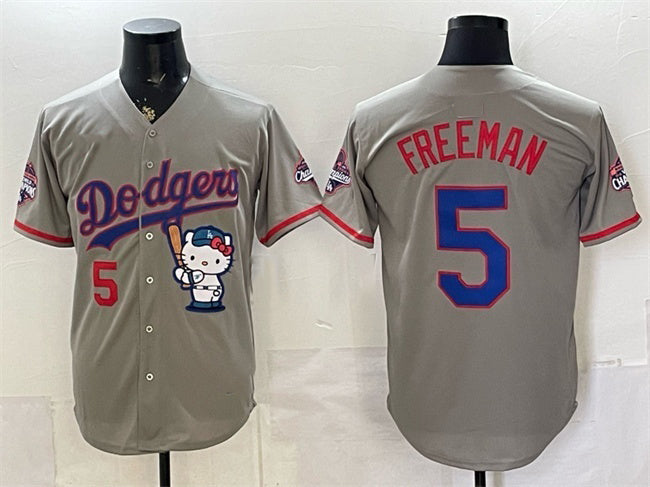 Los Angeles Dodgers #5 Freddie Freeman Grey MWATKINS Hello Kitty Night 2025 World Series Champions Patch Stitched Jersey