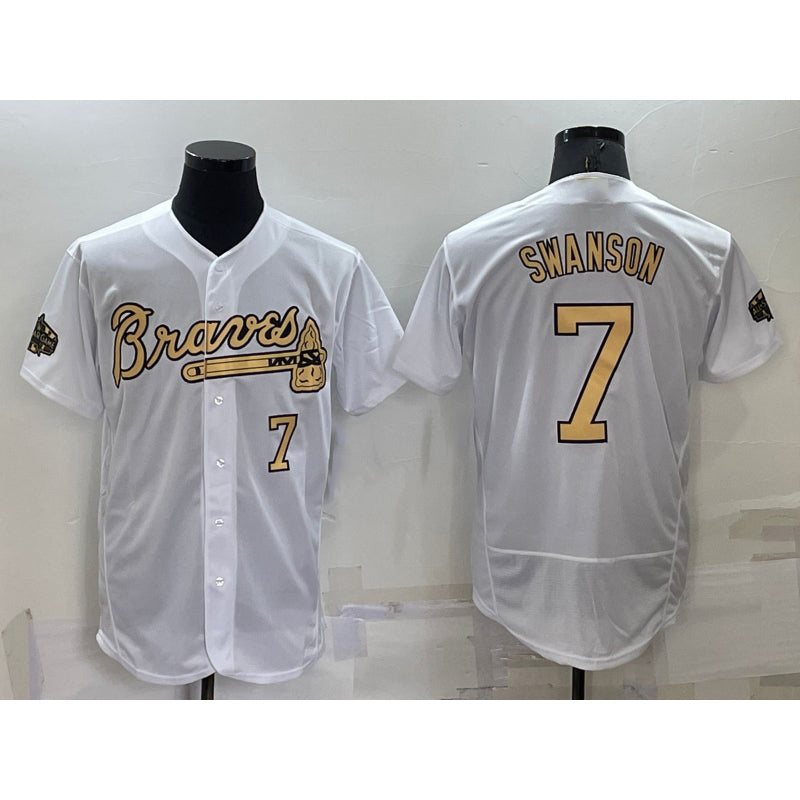 Atlanta Braves #7 Dansby Swanson White MWATKINS Number 2022 All Star Stitched Flex Base Jersey
