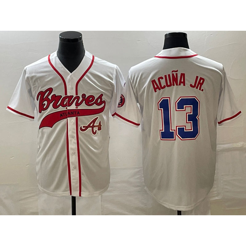 Atlanta Braves #13 MWATKINSld Acuna Jr White MWATKINS Cool Base With Patch Stitched Jersey 2