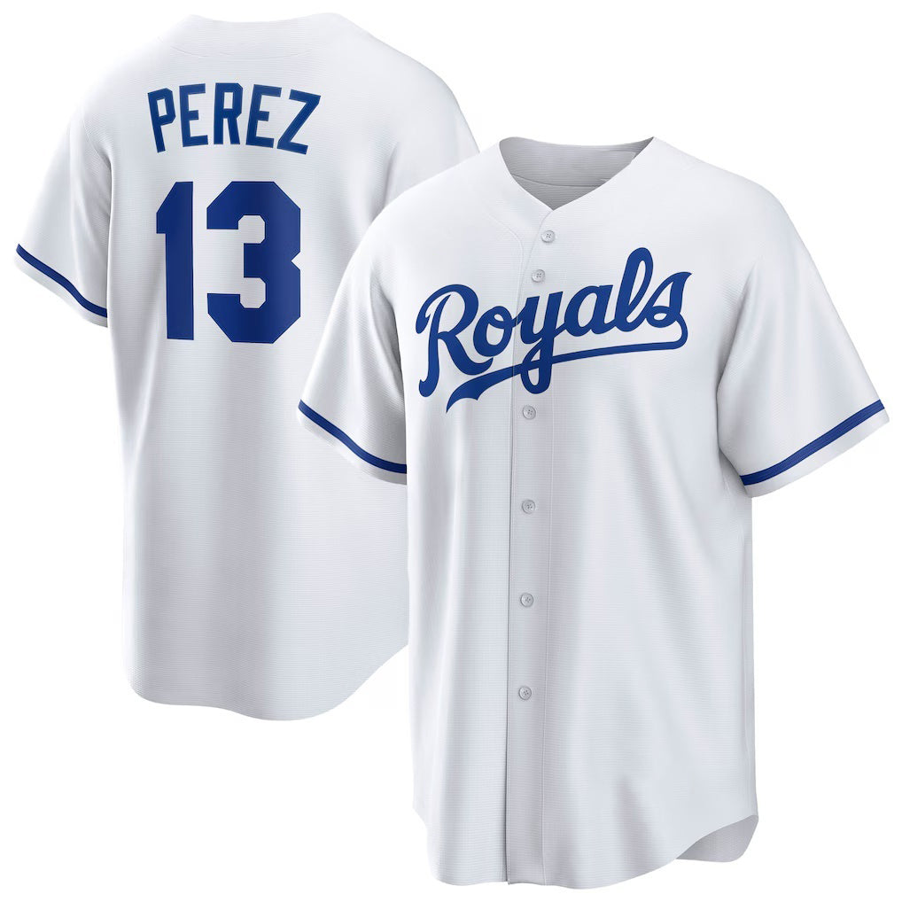 Kansas City Royals #13 Salvador Perez White MWATKINS Home Replica Player Jersey