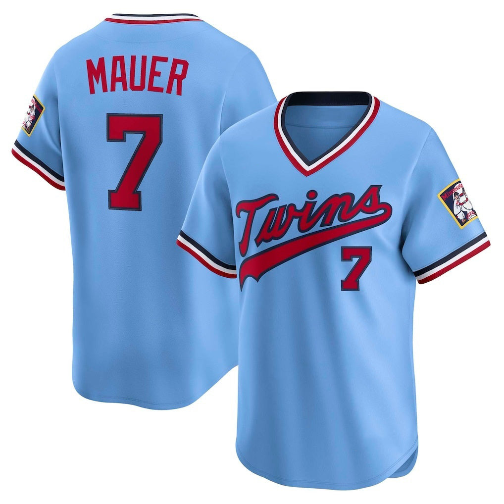 Minnesota Twins #7 Joe Mauer Light Blue MWATKINS Throwback Cooperstown Collection Limited Jersey