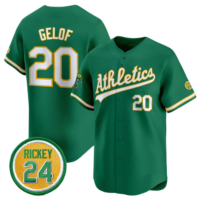 Oakland Athletics #20 Zack Gelof Green MWATKINS 2024 Limited With Rickey Henderson Patch Stitched Jersey