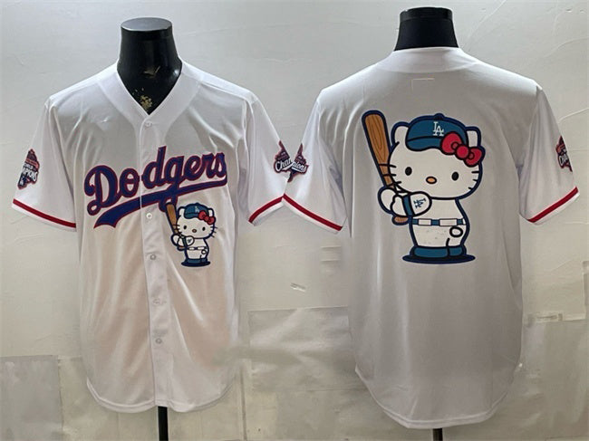 Los Angeles Dodgers Team Big Logo White MWATKINS Hello Kitty Night 2025 World Series Champions Patch Stitched Jersey