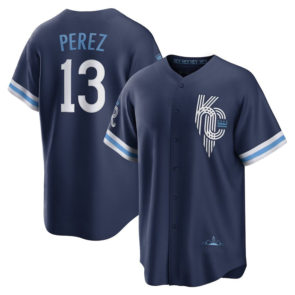 Kansas City Royals #13 Salvador Perez Navy MWATKINS City Connect Replica Player Jersey