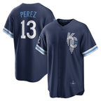 Kansas City Royals #13 Salvador Perez Navy MWATKINS City Connect Replica Player Jersey