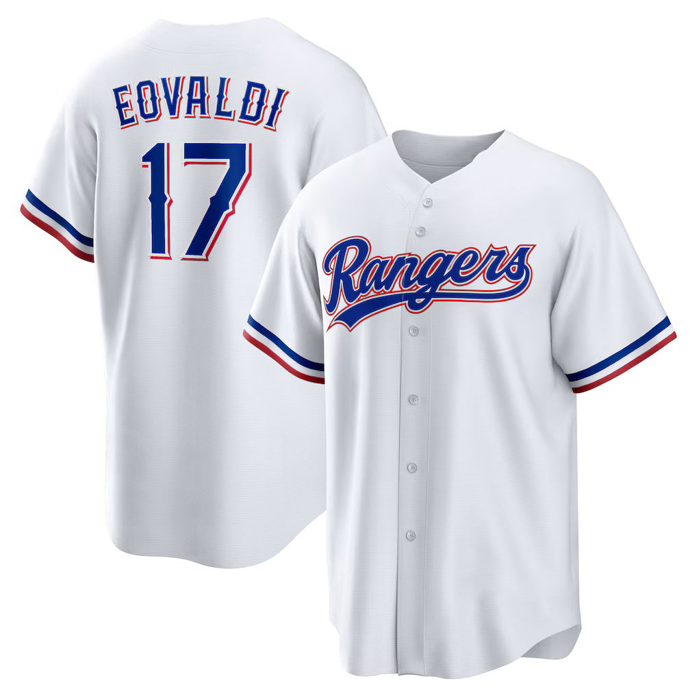 Texas Rangers #17 Nathan Eovaldi White MWATKINS Home Replica Player Jersey