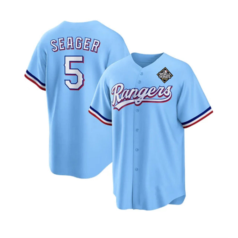 Texas Rangers #5 Corey Seager Blue MWATKINS 2023 World Series Stitched Jersey