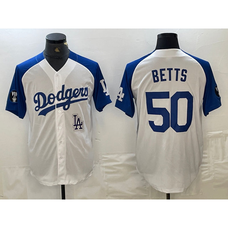 Los Angeles Dodgers #50 Mookie Betts White MWATKINS Blue Fashion Stitched Cool Base Limited Jersey 2