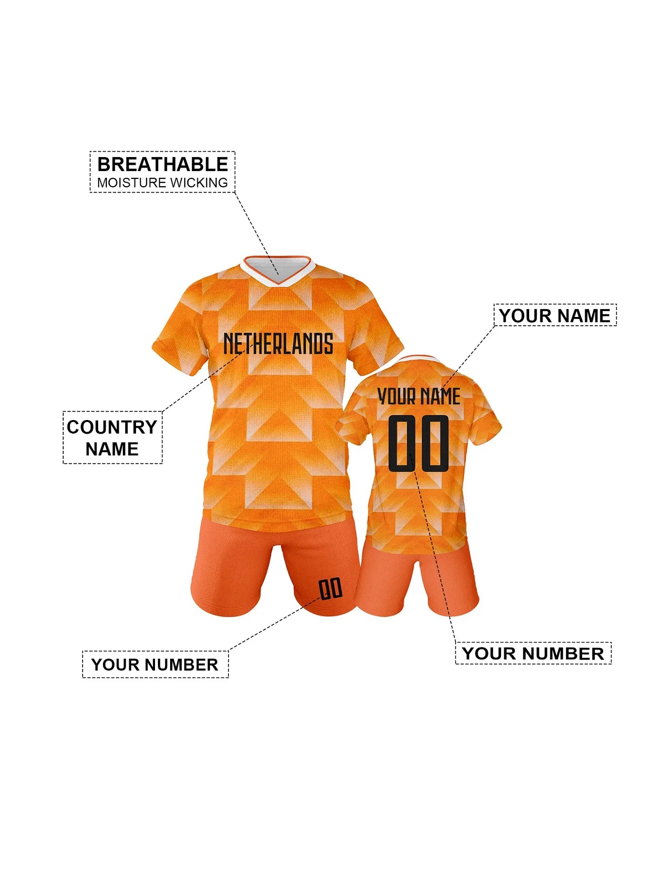 Customized Netherlands Soccer Jersey and Shorts Dutch Kids Football Set Breathable Soccer Training Uniform for Boys Girls