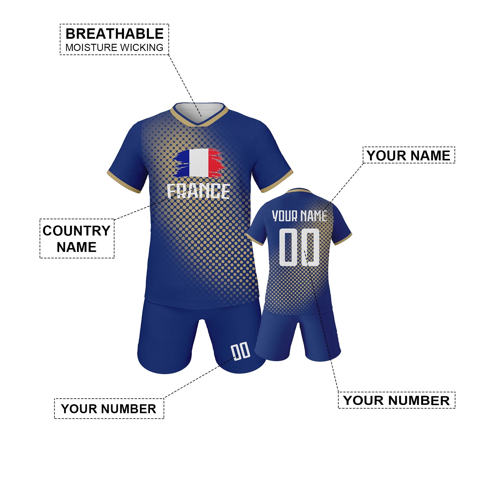 France Kids Football Jersey Custom Soccer Kit Youth Team Uniform Personalized Name Number Training Set Boys Girls Fans Gift