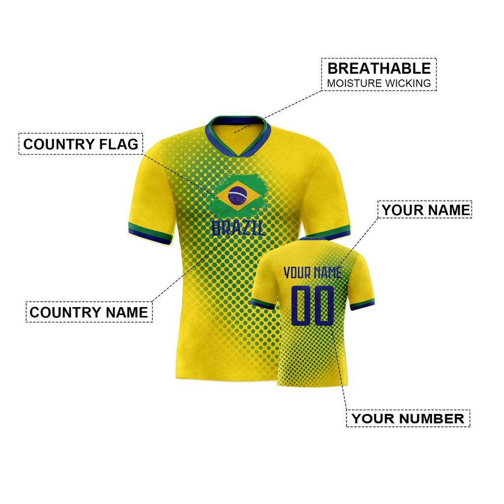 Personalized Brazil Soccer Jersey Custom Name Number Breathable V-Neck Football Team Shirt for Men Women Kids